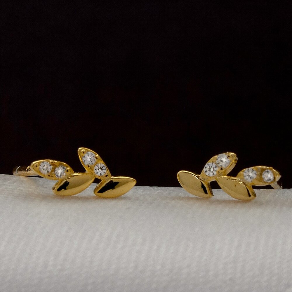 Leaves Design Gold Stud Earrings, Real Gold Plated Over 925 Sterling Silver
